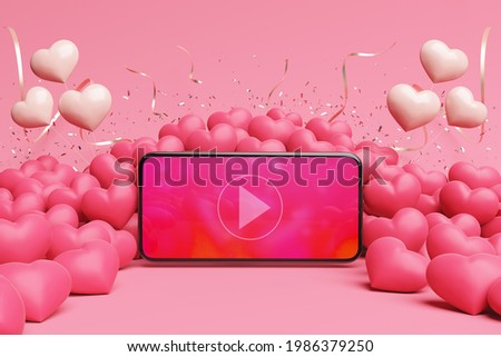 Watching movies cinema Entertainment on smartphone. heart celebration party online meeting live stream valentine confetti mobile phone video call play pile pink light. clipping path. 3D Illustration.