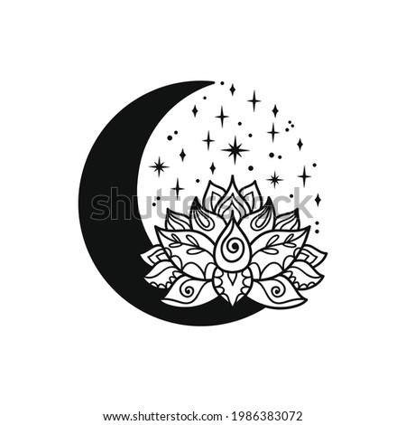 Hand drawn lotus flower and half moon. Mystic spiritual design. Celestial vector illustration isolated on white background. Esoteric tattoo in boho style. Sacred geometry clipart.