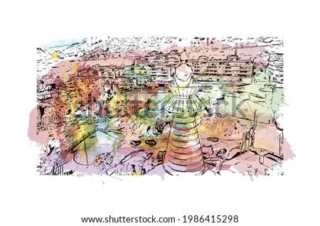 Building view with landmark of Fuengirola is the 
town in Spain. Watercolor splash with hand drawn sketch illustration in vector.
