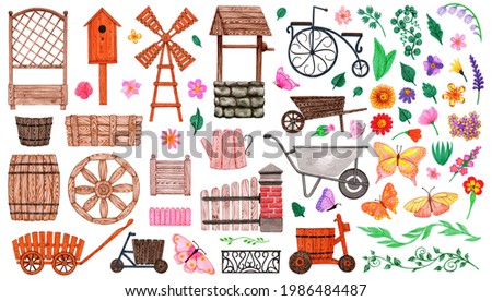 A large set of garden decor and plants. Hand drawn watercolor painting. Isolated illustration on a white background. Collection of village objects. Meadow herbs and flowers, butterflies.