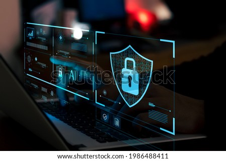cyber security essentials, digital crime prevention by anonymous hackers, personal data security and banking and finance. Royalty-Free Stock Photo #1986488411