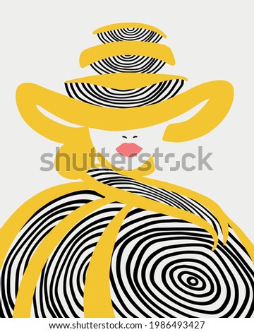 Portrait of a girl in a hat and coat. The colors are yellow and black. Red lips. Minimalist style, round linear abstraction. Modern portrait, T-shirt print, postcards, posters, fashion, design.