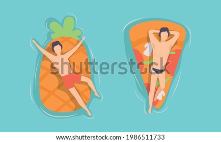 View from Above of People Floating on Air Mattress in Swimming Pool Set, Male Tourists Relaxing and Sunbathing on Inflatable Pineapple and Piece of Pizza Flat Vector Illustration