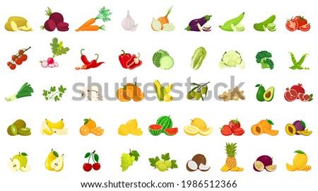 Set of fruits and vegetables, colorful vector icons in flat style, isolated Graphic design elements, collection of illustrations for websites, mobile applications, web banners, infographics, printed m Royalty-Free Stock Photo #1986512366