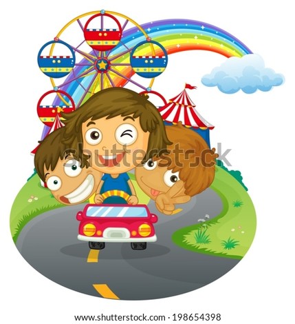Illustration of a vehicle with happy kids near the amusement park on a white background