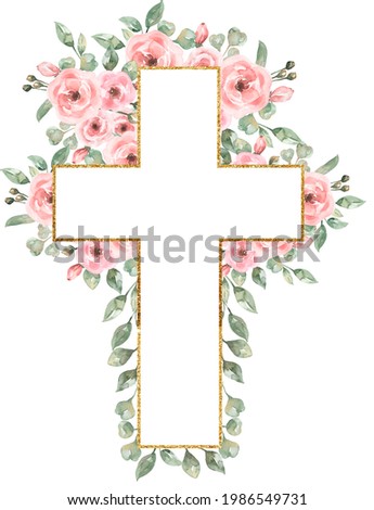 Watercolor Easter Pink flowers Cross Clipart, Delicate Peony Florals Frame Clip art, Hand painted Pink Baptism Crosses, Wedding Invites, new baby girl, Holy Spirit illustration, greenery cross