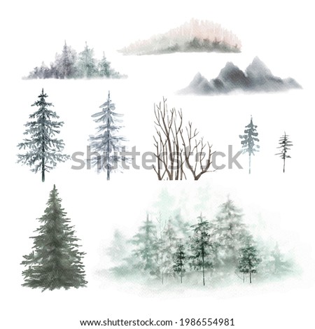 set of watercolor illustrations nature forest, mountains and landscape. Siberia, Canada, Finland. Forest landscape, hand-painted
