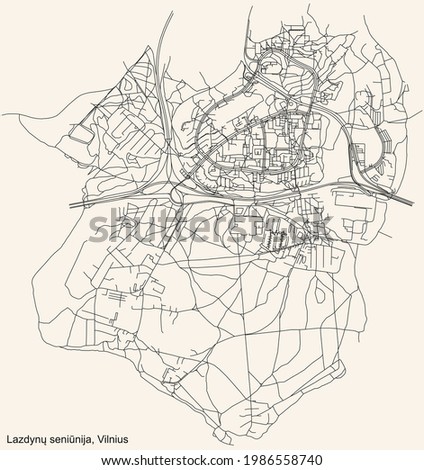 Black simple detailed street roads map on vintage beige background of the quarter Lazdynai eldership (Lazdynų seniūnija) of Vilnius, Lithuania