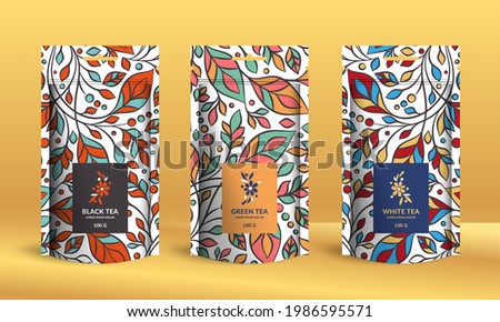 Colorful tea packaging design with zip pouch bag mockup. Vector ornament template. Elegant, classic elements. Great for food, drink and other package types. Can be used for background and wallpaper. Royalty-Free Stock Photo #1986595571