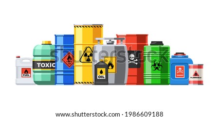 Different container with hazard chemical liquid in row line. Compressed gas and oil safety tank with dangerous radioactive flammable substance vector illustration isolated on white background Royalty-Free Stock Photo #1986609188