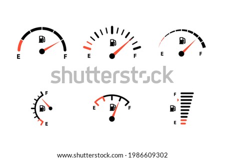Fuel indicator for gas, petrol, gasoline, diesel level count. Set of car gauge for measuring fuel consumption and control gas tank fullness vector illustration isolated on white background Royalty-Free Stock Photo #1986609302