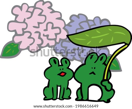 Illustration of two frogs and hydrangea 
