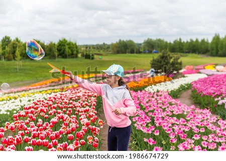 girl makes big soap bubbles in a field with multi-colored tulips.