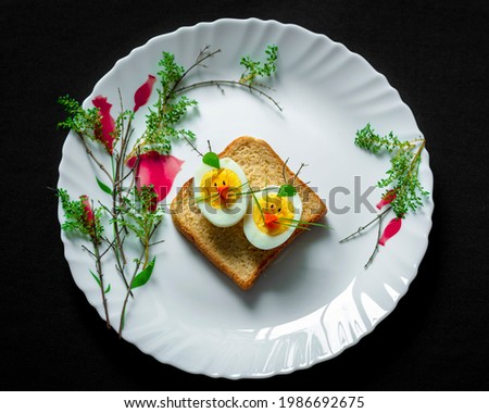 Boiled egg served hot with brown bread in breakfast.