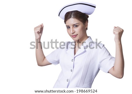 Young woman asian nurse attractive beauty brunette in white background