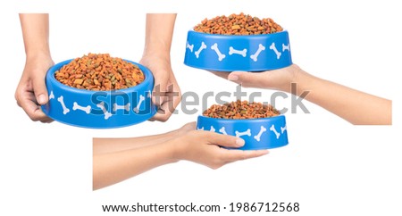 Collection of hand holding pet food in bowl isolated on a white background.