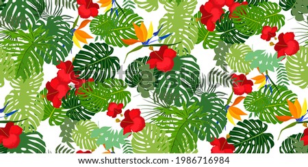 Tropical seamless pattern with bright exotic jungle lush branches palm, monstera leaves, hibiscus flowers, strelcia flowers. Perfect for textile, wallpapers, web page backgrounds. Vector illustration