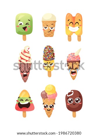 Hand Drawn Ice Cream Artistic Drawing. Summer Illustration Sweet Fast Food Emoticon. Funny Emoji
