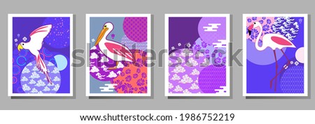 Сover  ewith pelican, parrot, flamingo and Patterns in a modern style, geometric shapes. Applicable for posters, brochures, posters, covers and banners.