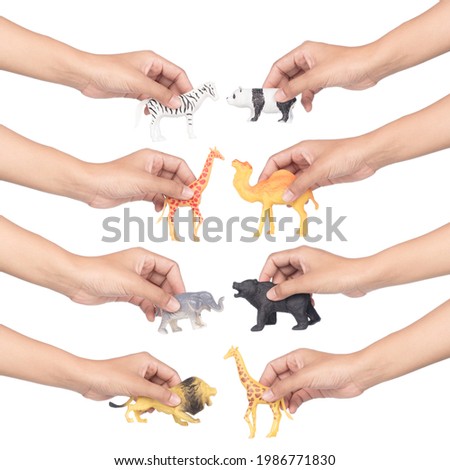 Collection of hand holding animal toy isolated on white background