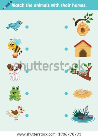  Education Element Matching Game for Preschool Children with Animals. Cartoon Vector Illustration.
