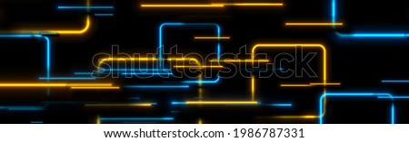 Blue orange glowing neon laser lines and squares abstract background. Vector technology futuristic banner design