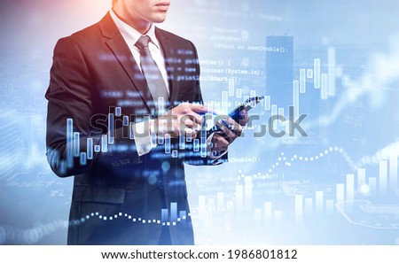 Office man in black suit using smartphone on background of New York city view. Stock market changes, forex dynamics, numbers and script. Concept of online trader and app