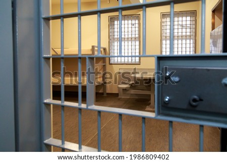 Typical modern prison bars. Symbolic illustrative background for crime news. Royalty-Free Stock Photo #1986809402