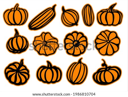 A set of stickers, pumpkins of different types. Design for plotter cutting. Multi-colored simple illustration