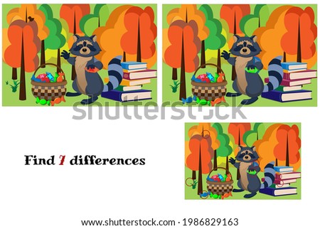 Raccoon with a basket of chocolates and a stack of books in the forest. Vector illustration of a game for children Find the difference.