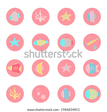 Vector highlights cover icon set for social media stories: underwater world. Collection  of round templates for bloggers. Simple flat design with fish, starfishes, corals, and bubbles.