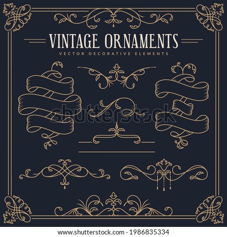 Ribbons, decorative borders, dividers, flourishes, frame. Vector vintage ornaments. Set of golden design elements isolated on dark background.