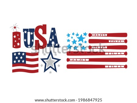 Independence Day (4th of July) Collection. Hand drawn graphic paint on white background, isolated clip art elements for holiday decoration and celebration design. Red, blue, white color. 