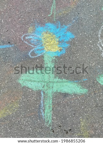 A flower drawn by a child in chalk on the asphalt in the city.