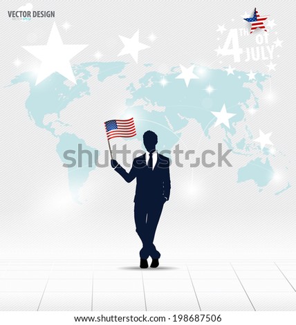 Happy independence day, 4th of July. Businessman showing American Flag. Vector illustration.