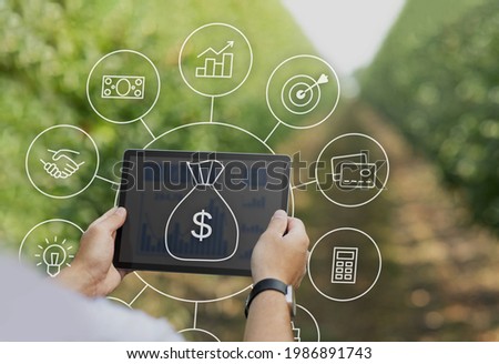 Automatizaton of processes on farm. Male farmer holding tablet with dollar signs while working on his farm, using smart gardening mobile application on pad, copy space, creative image