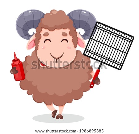 Eid Al Adha Mubarak greeting card with cartoon sacrificial sheep for the celebration of Muslim traditional festival. Ram with barbeque grid and ketchup. Stock vector illustration on white background