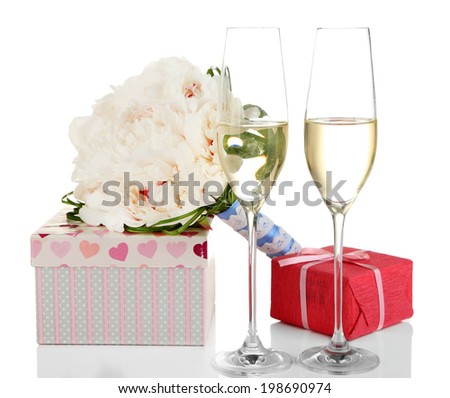 Beautiful wedding bouquet, wine glasses and gift box isolated on white