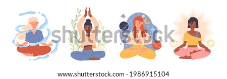 Set of diverse tranquil women with croosed legs meditating in yoga lotus posture or asana. Meditation practice. Zen, harmony concepts. Flat cartoon vector illustration isolated on white background Royalty-Free Stock Photo #1986915104