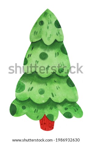 Cute hand drawn Christmas watercolor pine tree isolated element on white. Ideal for Christmas decoration, invitations, stickers.