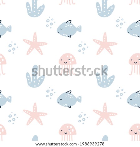 Scandinavian Seamless vector pattern with fishes, sea stars and dots. Summer Vector trendy design perfect for prints, flyers, banners, fabric, invitations.