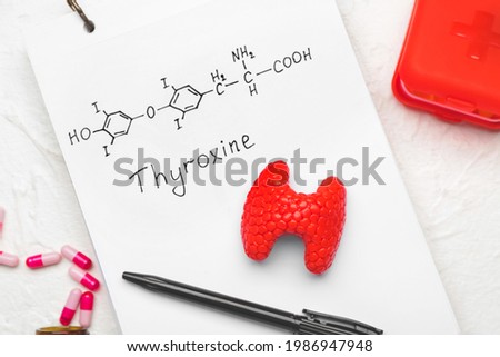 Notebook with chemical formula of thyroxine, model of thyroid gland and pills on white background
