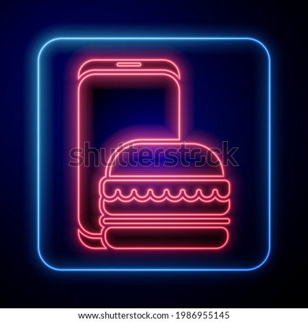 Glowing neon Online ordering and fast food delivery icon isolated on blue background. Burger sign.  Vector Illustration