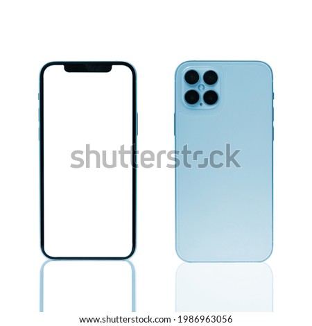 Mobile phone concept, front view and back side with isolate on background. Smart phone with camera, power and volume buttons. Royalty-Free Stock Photo #1986963056