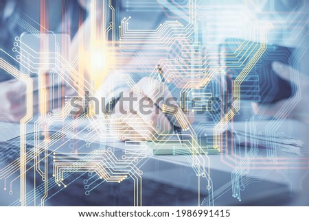 Double exposure of man and woman working together and technology theme world map drawing hologram. International business tech concept. Computer background.