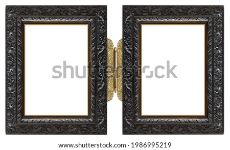 Double wooden frame (diptych) for paintings, mirrors or photos isolated on a white background. Design element with clipping path
