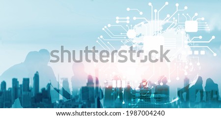 Business global network connection telecommunication technology concept, Futuristic business people group working on communication cloud technology with internet link graphic background
