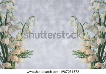 Lily of the valley flowers close up with selective focus on light grey background. The beauty of nature concept. Card with copy space 