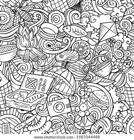 Picnic hand drawn doodles seamless pattern. BBQ background. Cartoon food and nature coloring page design. Sketchy vector barbecue and grill illustration