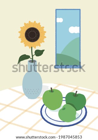 illustration of a vase with sunflowers and green apples on the table